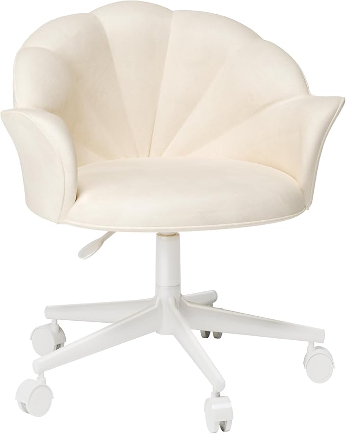 FLEXISPOT Makeup Vanity Chair with Back Velvet Armless Home Office Desk Chairs with Wheels, Cute Flower Modern Accent Chair for Girls Women Living Room Bedroom Vanity Study Small Space, White