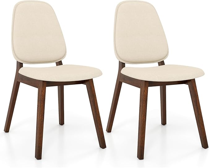 Giantex Wooden Dining Chairs Set of 2, Linen Fabric Upholstered Dining Room Chairs w/Rubber Wood Frame, Padded Seat, Curved Back, Mid-Century Modern Kitchen Side Chair for Home Living Room