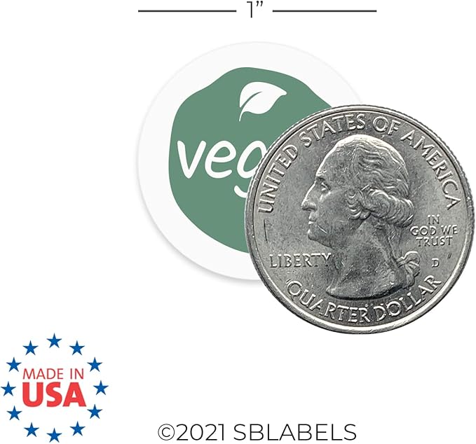 Sage Vegan Stickers / 500 White Gloss Circle Food Labels/Small 1" Unique Leaf Label Design with Modern Aesthetic/Made in The USA