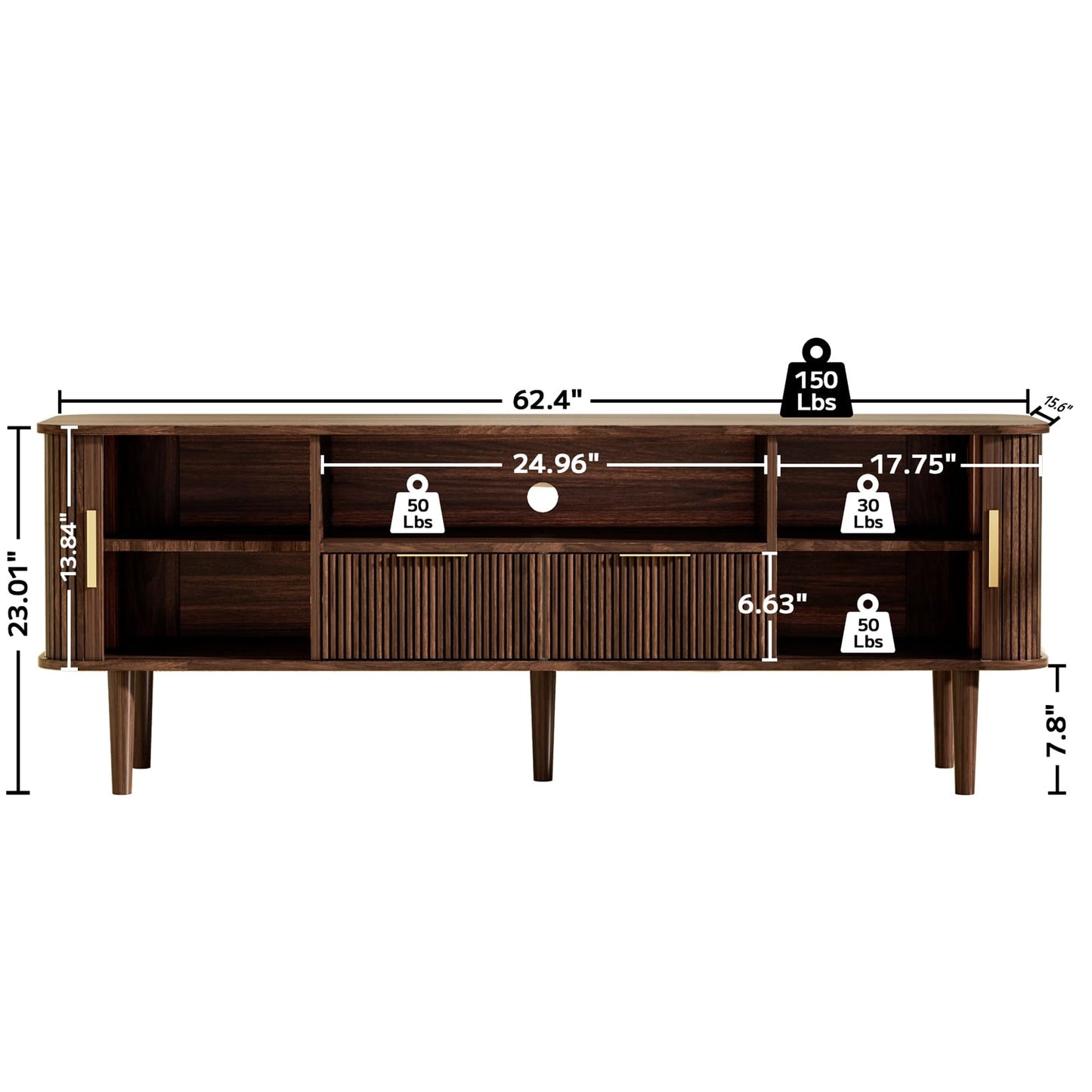 DAMCROP TV Stand 62.4 Inch Mid Century Modern Media Console Table with Drawer Shelves Sliding Tambour Door Farmhouse Sideboard Buffet Cabinet Fits TVs up to 75 inch Fluted Wood Entertainment Center