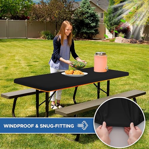 Enjoyidea Fitted Tablecloth for 6 Foot Rectangle Tables-6 Pack Black Elastic Outdoor Picnic Table Cover-Spandex Stretch Fo...
