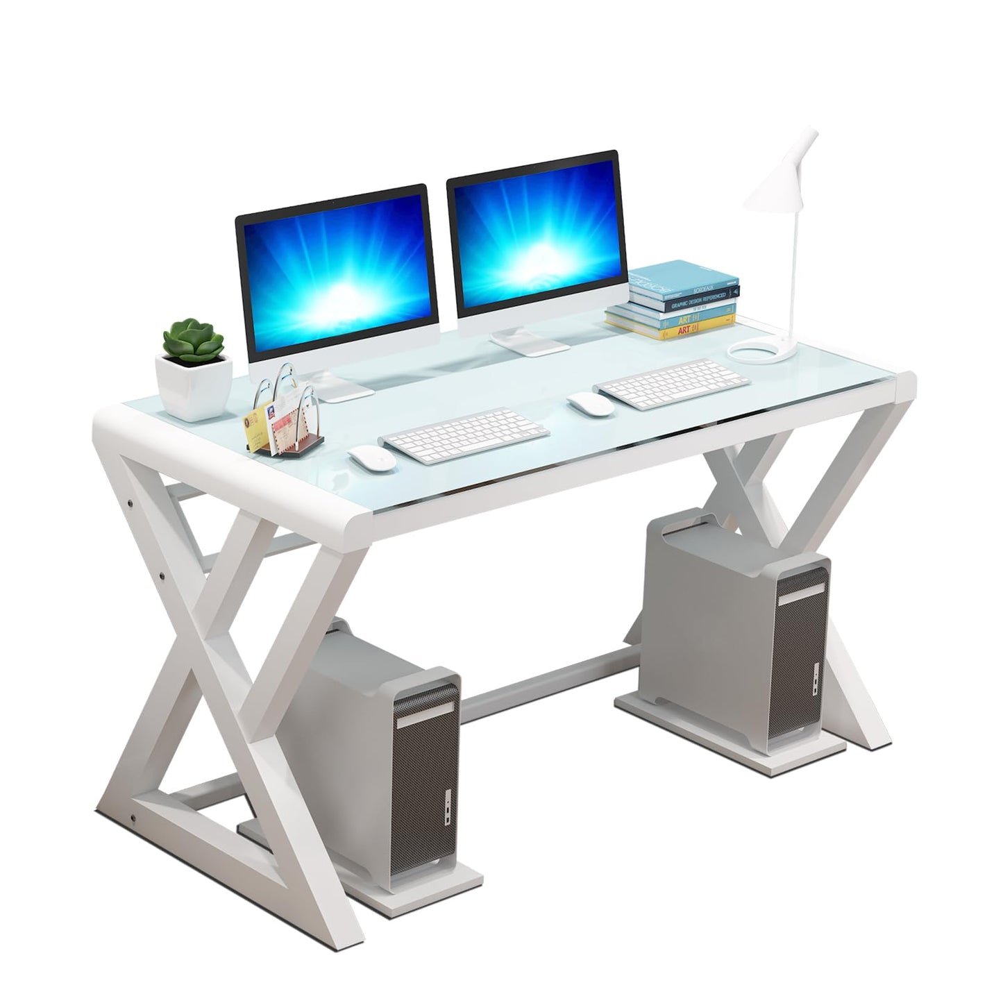 IPKIG Glass Computer Desk, Modern Computer Desk with Carbon Steel Frame and Glass Top, Home Office Desks Computer Table Study Writing Desk Workstation for Living Room (White, 55.1 Inch)