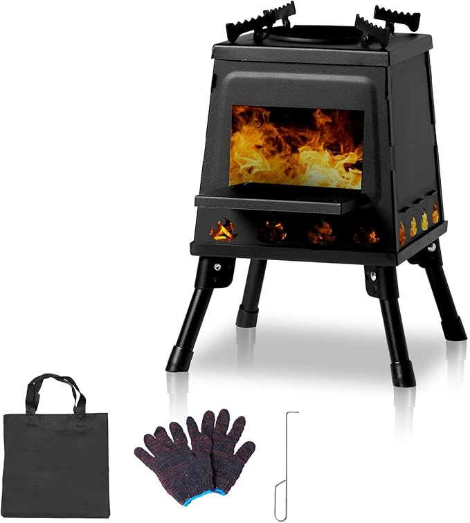 Wood Burning Stove, Portable Cast Iron Camping Wood Stove with Carrying Bag, Firewood Hook, Gloves Woodstove for Backpacki...