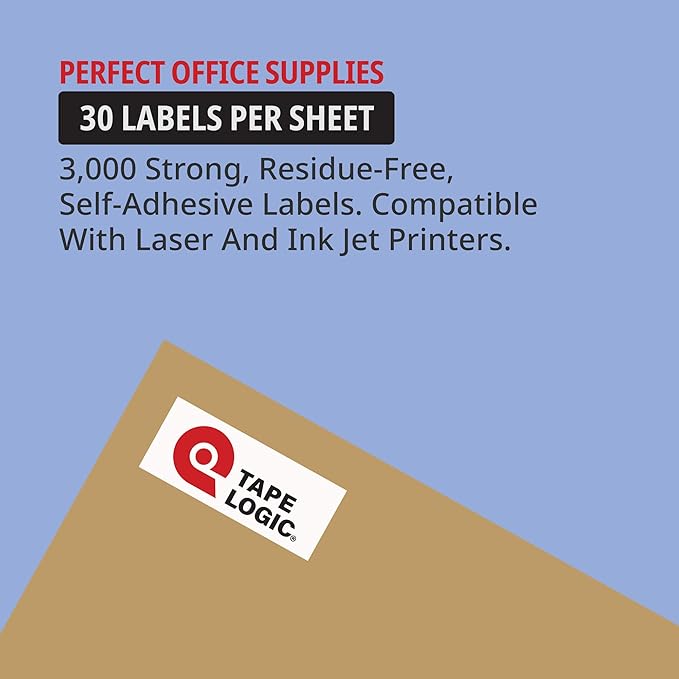 TAPE LOGIC Laser Labels Rectangle 2 5/8"x1" White (3000-pk) Self-Adhesive All Purpose Blank Sticker Label 100 Sheets of 30, Printable Office & Personal Supplies for Address Shipping & Mailing