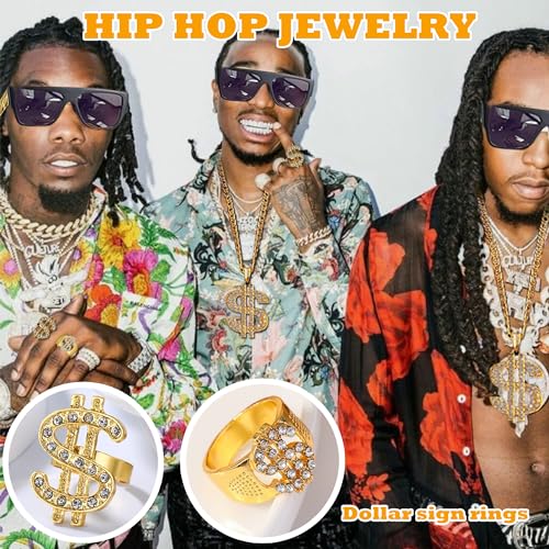 GIFIKOI 80s 90s Hip Hop Costumes Outfit Kit Fake Gold Chain Necklace Dollar Sign Cap Jewelry Set Rapper Accessories