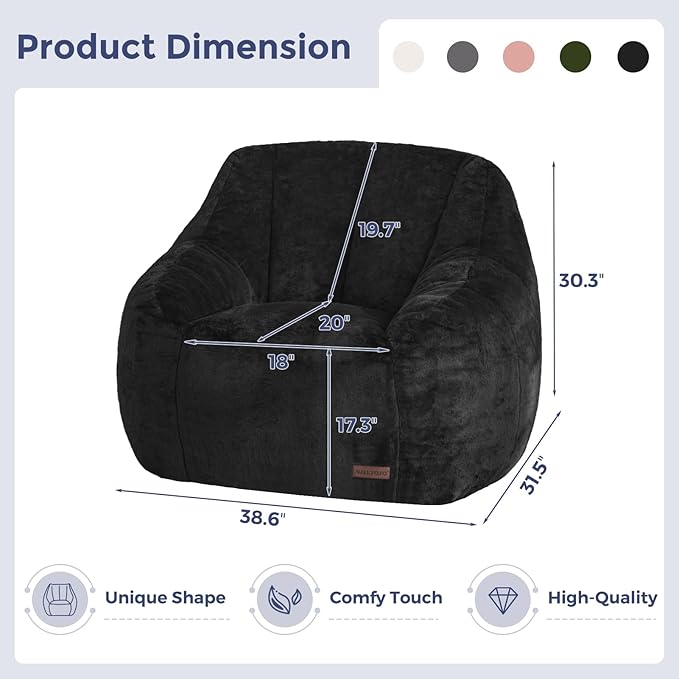 MAXYOYO Bean Bag Chair, Comfy Bean Bag Sofa with Back Support, Faux Fur Bean Bag Chair for Adults and Kids, Stuffed Floor Sofa for Living Room, Bedroom, Apartment, Black