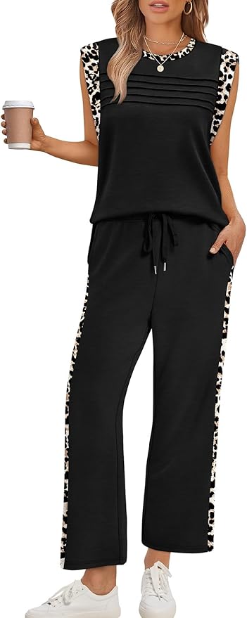 WIHOLL 2 Piece Sets for Women Summer Lounge Sets Travel Vacation Outfits Cap Sleeve Sweatsuit Side Slit Wide Leg Pants S-3XL