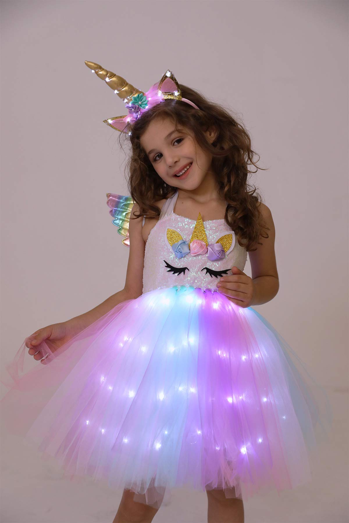 Viyorshop Girls Unicorn Costume LED Light Up Tutu Dress Up Birthday Gifts Princess Dress for Halloween Party(Sequins, 5-6 Years)