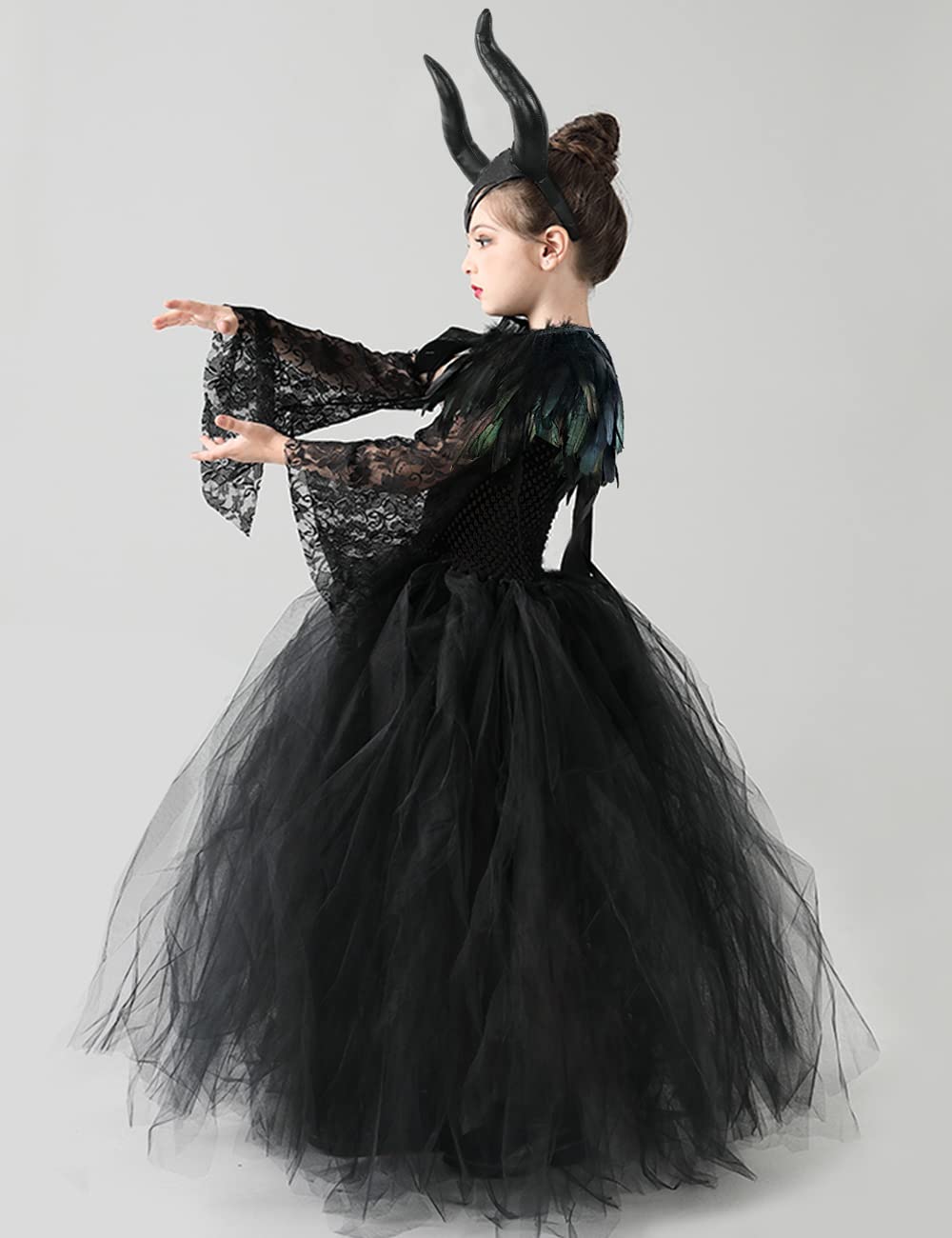 L'VOW Flower Girls Dress Princess Lace Tutu Tulle Dresses for Halloween with Demon Horns Feather Cape Costume Set-100