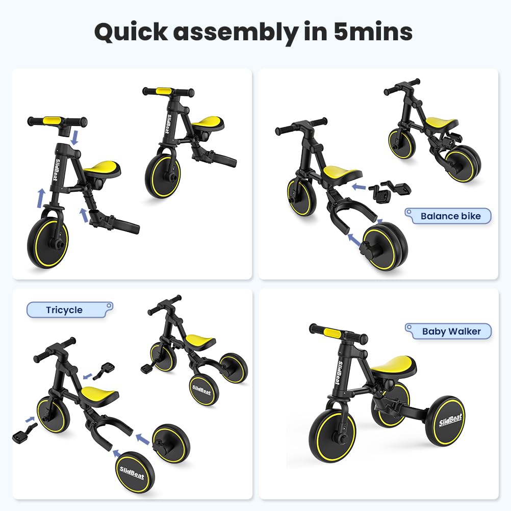 SLIDBEAT 4 in 1 Toddler Tricycle for Age 2-4 Years Old Kids, Big Wheel Adjustable Seat Balance Bike with Removable Pedal for Boys Girls Birthday