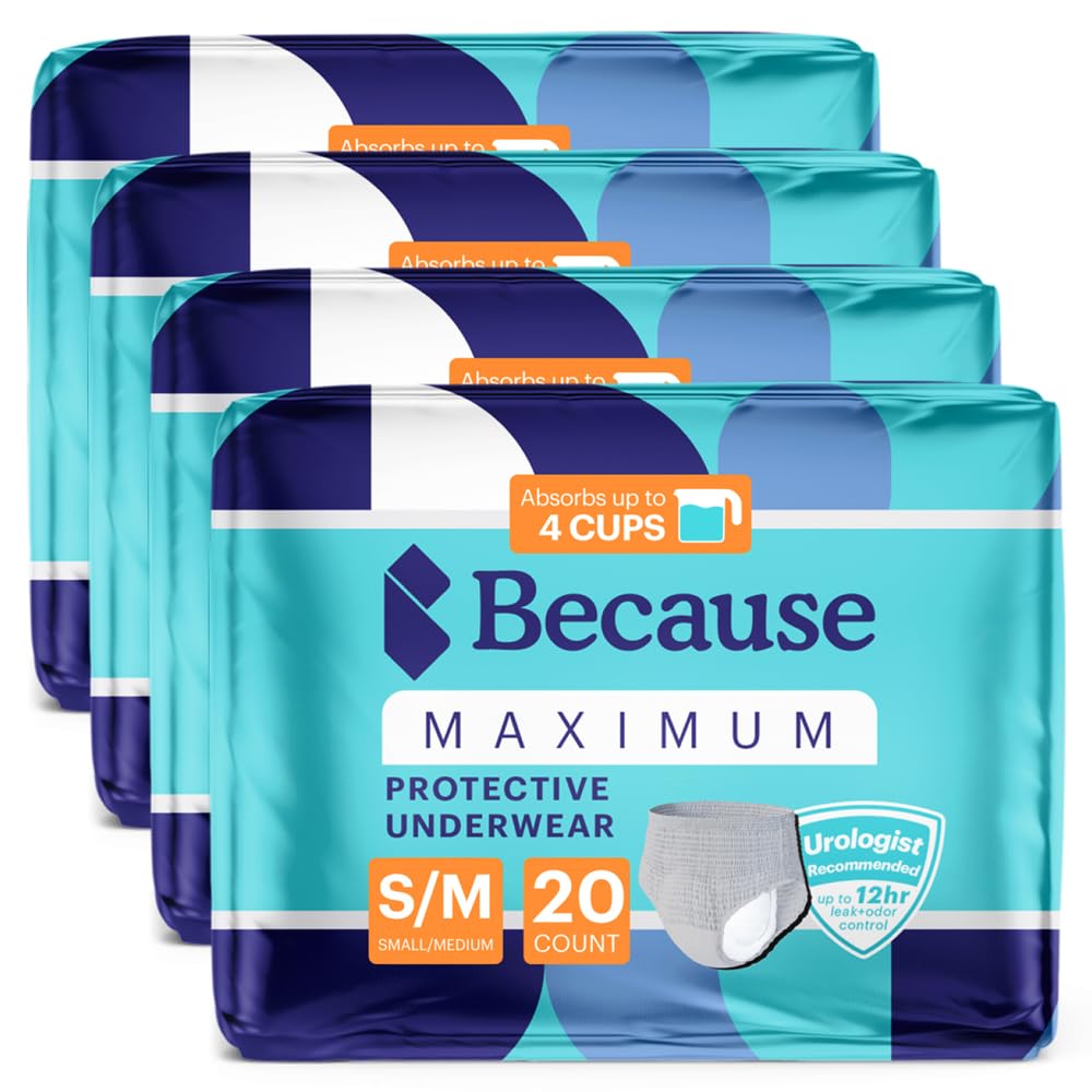Because Maximum Incontinence Underwear for Men - Heavy Bladder Leak Protection, Ideal for Overnight Leakage, Sleek, Invisible Fit, Grey, Small/Medium -Absorbs 4 Cups - 80 Count (4 Packs of 20)