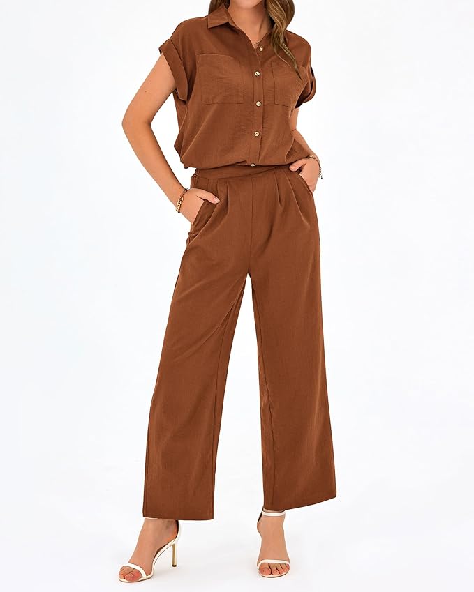 PRETTYGARDEN Womens 2 Piece sets Summer Cap Sleeve Tops Palazzo Pants Dressy Casual Vacation Travel Outfits Tracksuits