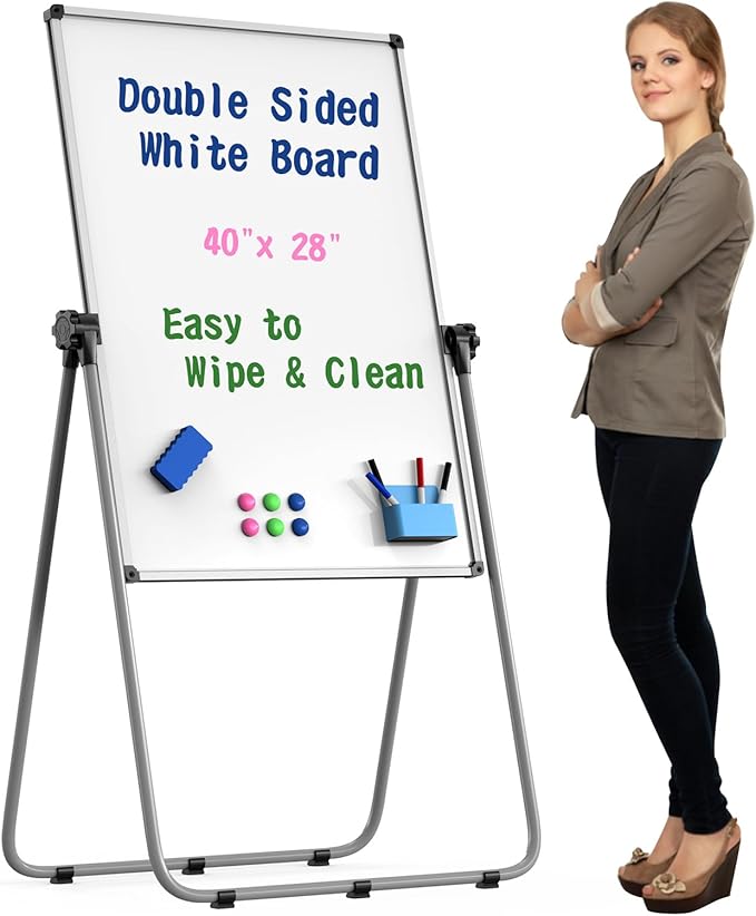 UIFER Double Sided White Board with Stand - 40x28 Portable Whiteboard Easel with Height Adjustable & 360° Rotation for Hom...