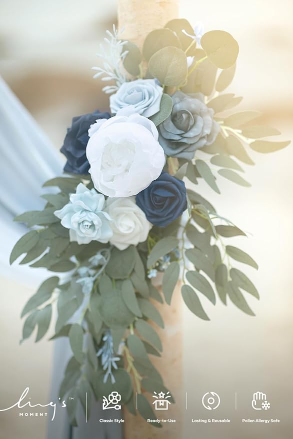 Ling's Moment Dusty Blue Artificial Wedding Arch Flowers Kit Pack of 4, 2pcs Hanging Flower Arrangement 2pcs Chiffon Drape Ceremony Spring Fake Silk Rose Arbor Backdrop Floral Swag Outdoor Beach Decor