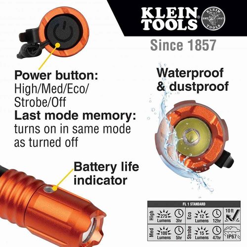 Klein Tools 56412 Rechargeable LED Flashlight with Worklight (500 Lumens) 56411 Rechargeable Pocket Flashlight (275 Lumen)