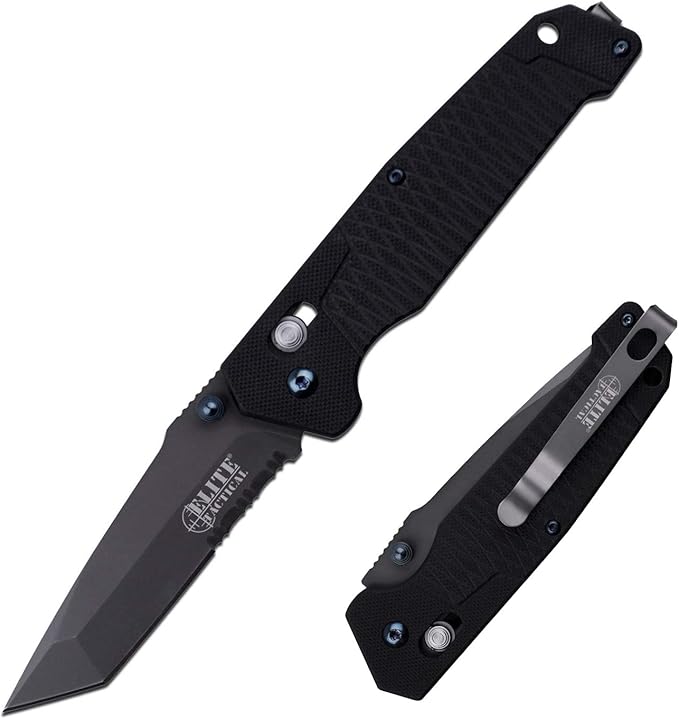 Elite Tactical - Folding Pocket Knife - Tanto Point Serrated Blade with Black G10 Handle and Pocket Clip - Rapid Lock Tact...