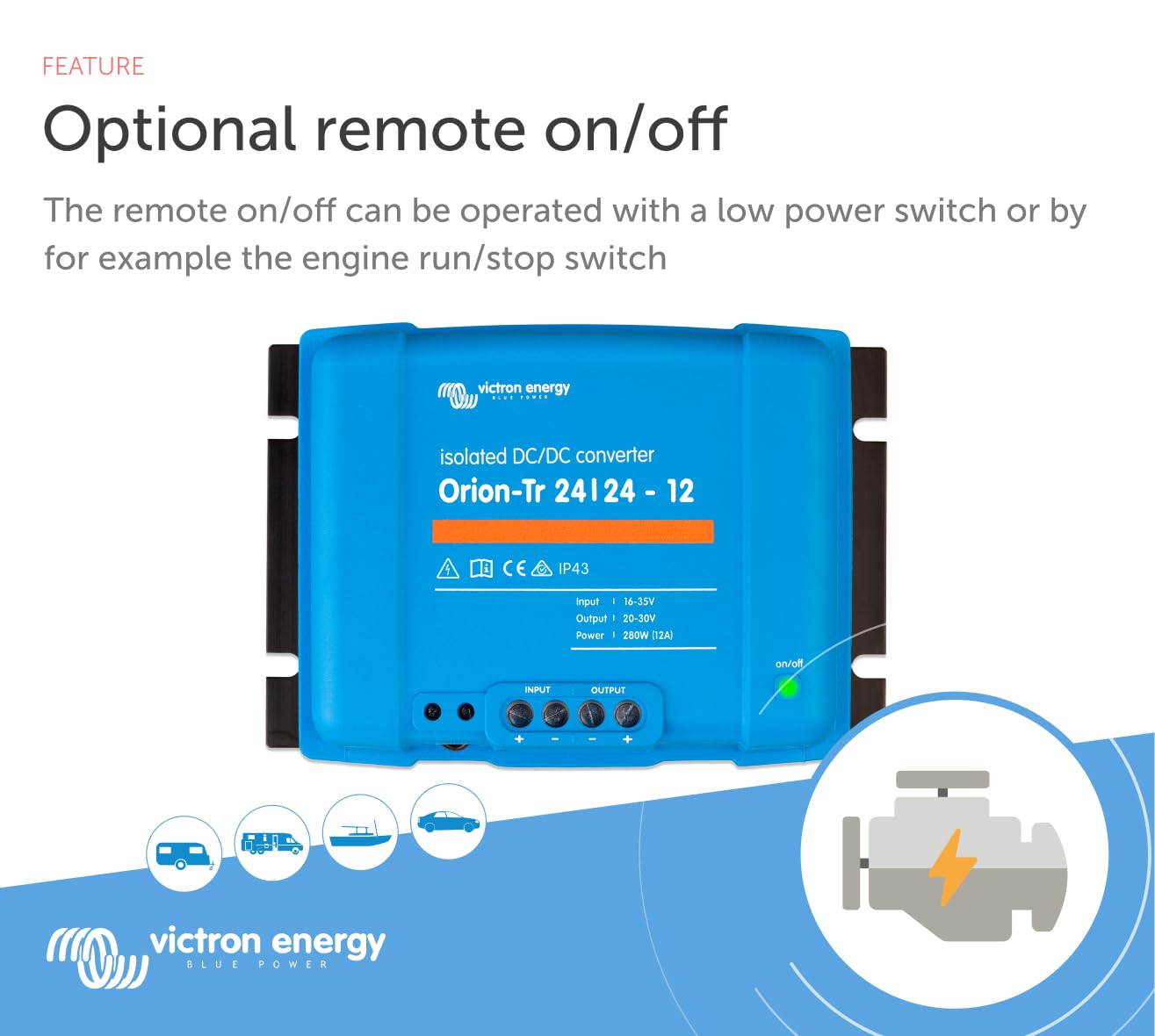 Victron Energy Orion-Tr Dc To Dc Converter - 24/24-Volt 12 Amp 280-Watt - Ip43 Protected - For Dual Battery Systems - Isolated