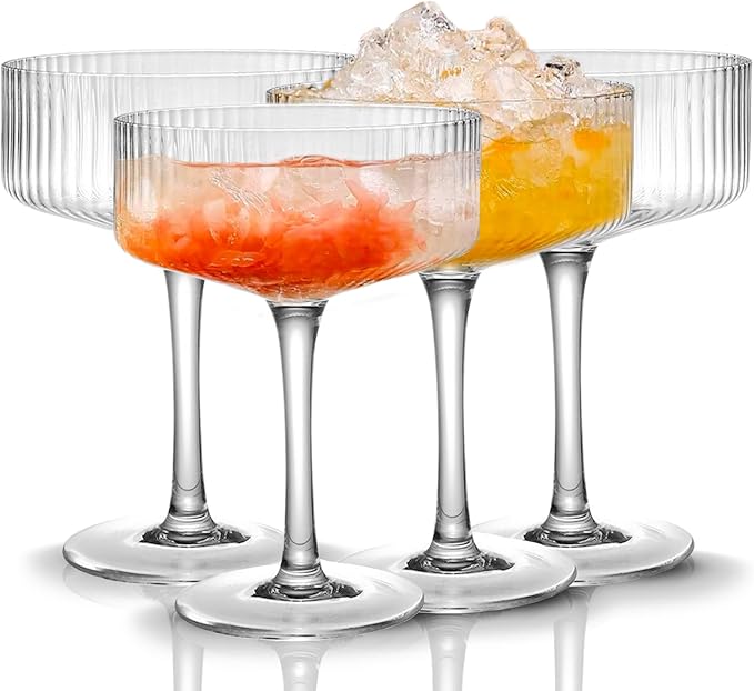 Qipecedm 4 Pcs Ribbed Coupe Glasses, 10 oz Vintage Coupe Glass Set, Unique Martini Glass, Classic Cocktail Galssware, Bar ...