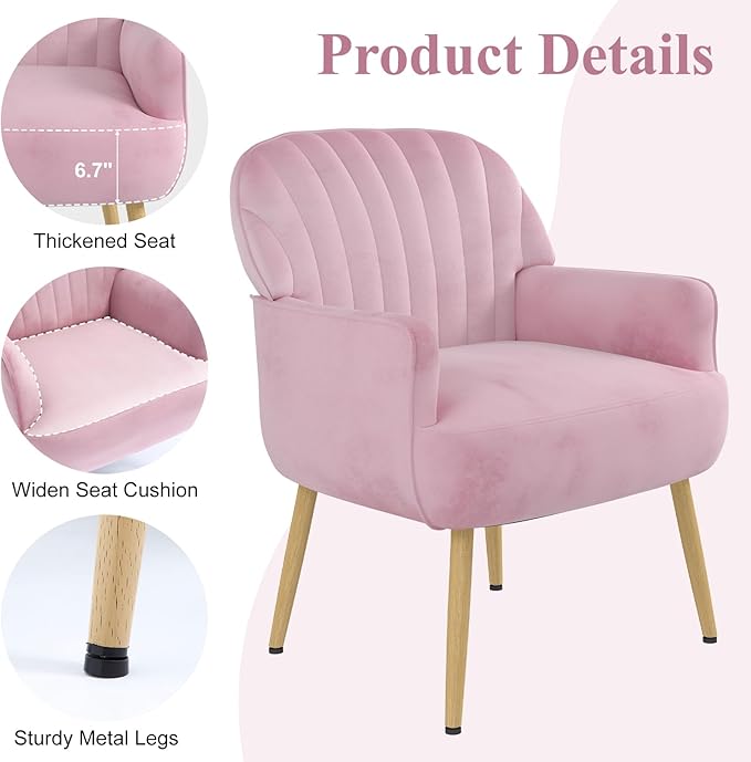Holiway Velvet Accent Chair, Upholstered Modern Leisure Single Sofa Side Chair, Comfy Tufted Back Armchair with Metal Legs for Living Room/Bedroom/Office/Reading Room, Pink