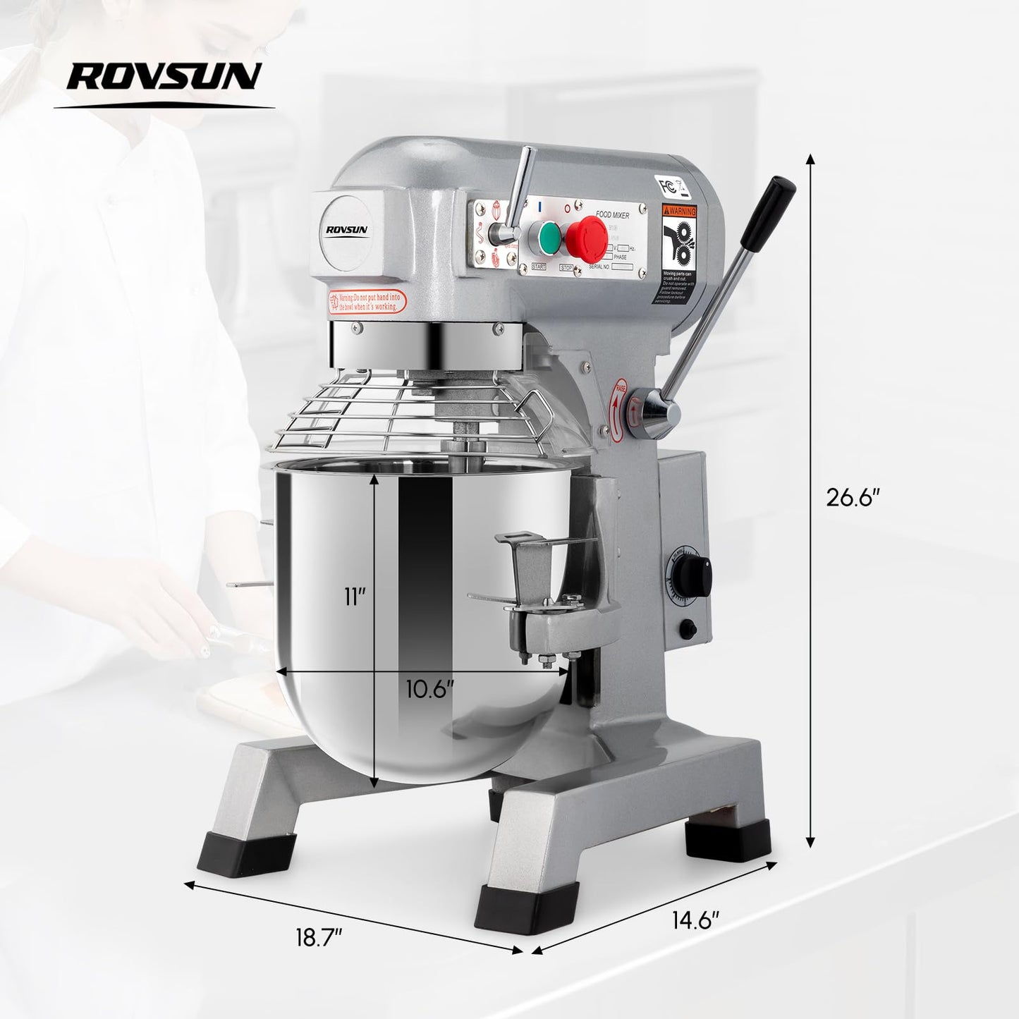 ROVSUN Commercial Food Mixer, 15QT 550W Electric Commercial Dough Mixer with 3-Speeds Adjustable, Stainless Steel Bowl Stand Mixer With Safety Guard for Bakery Pizzeria Restaurants