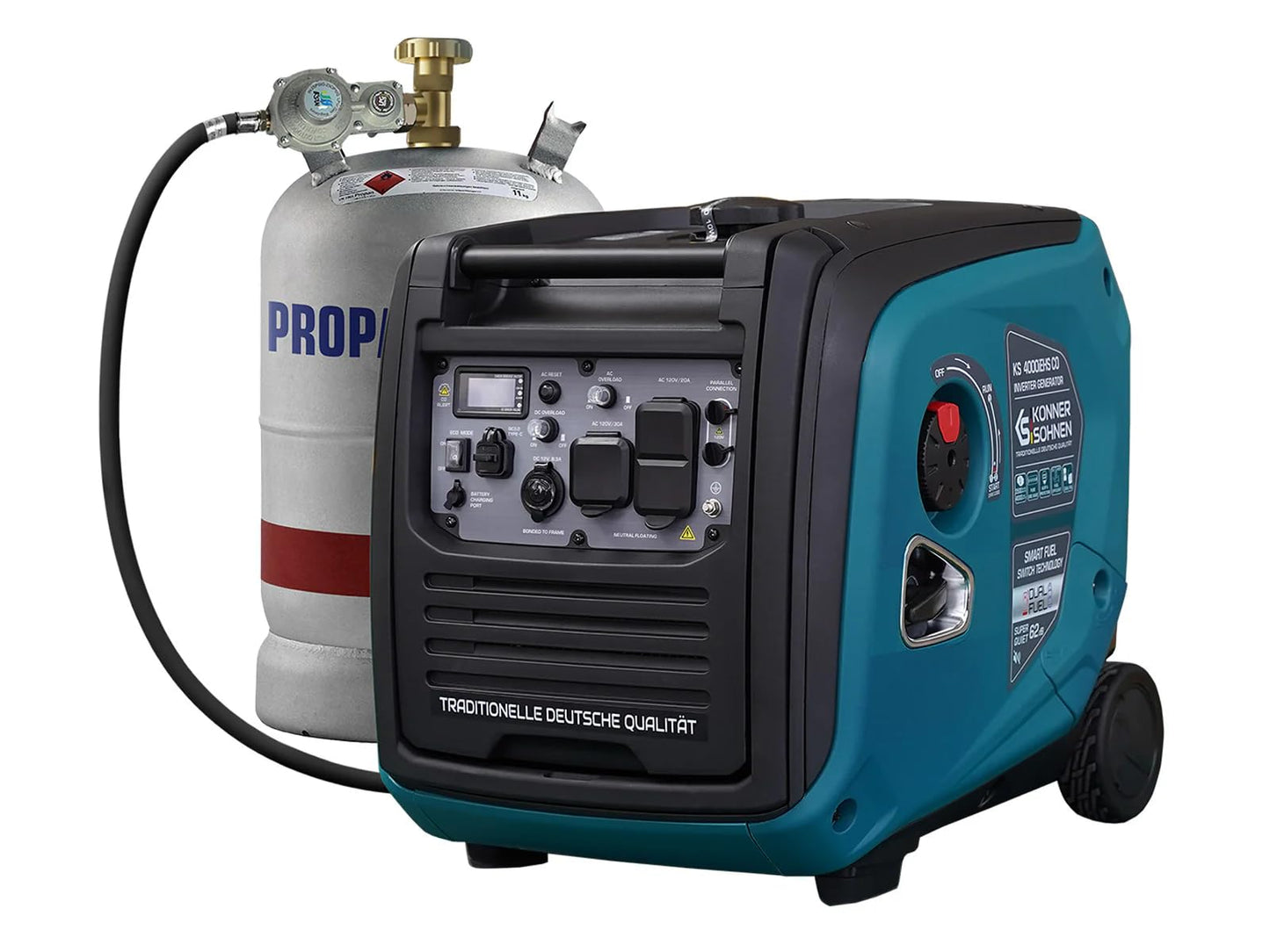 Konner&Sohnen Dual Fuel Inverter Generator - 4000 Watt, Portable and Lightweight, Super Quiet with CO Sensor, for Backup Home Use, Camping, RV, LPG/Gas Powered (German brand, model: KS 4000iEHS CO)