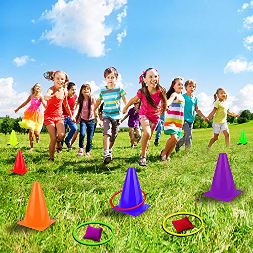 unanscre 31PCS 3 in 1 Carnival Outdoor Games Combo Set for Kids, Soft Plastic Cones Bean Bags Ring Toss Game, Gift for Bir...
