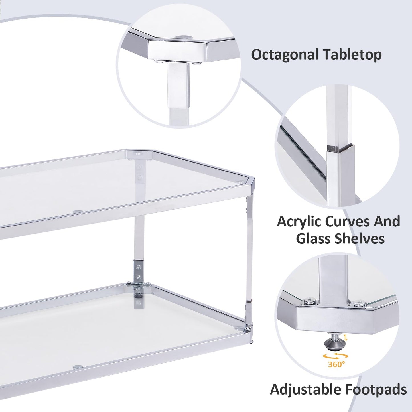 MINPINSER Glass Coffee Table, Clear Coffee Table with 2 Tiers, Acrylic Leg, Chrome Frame, Rectangular Center Table for Living Room (Chrome-New)