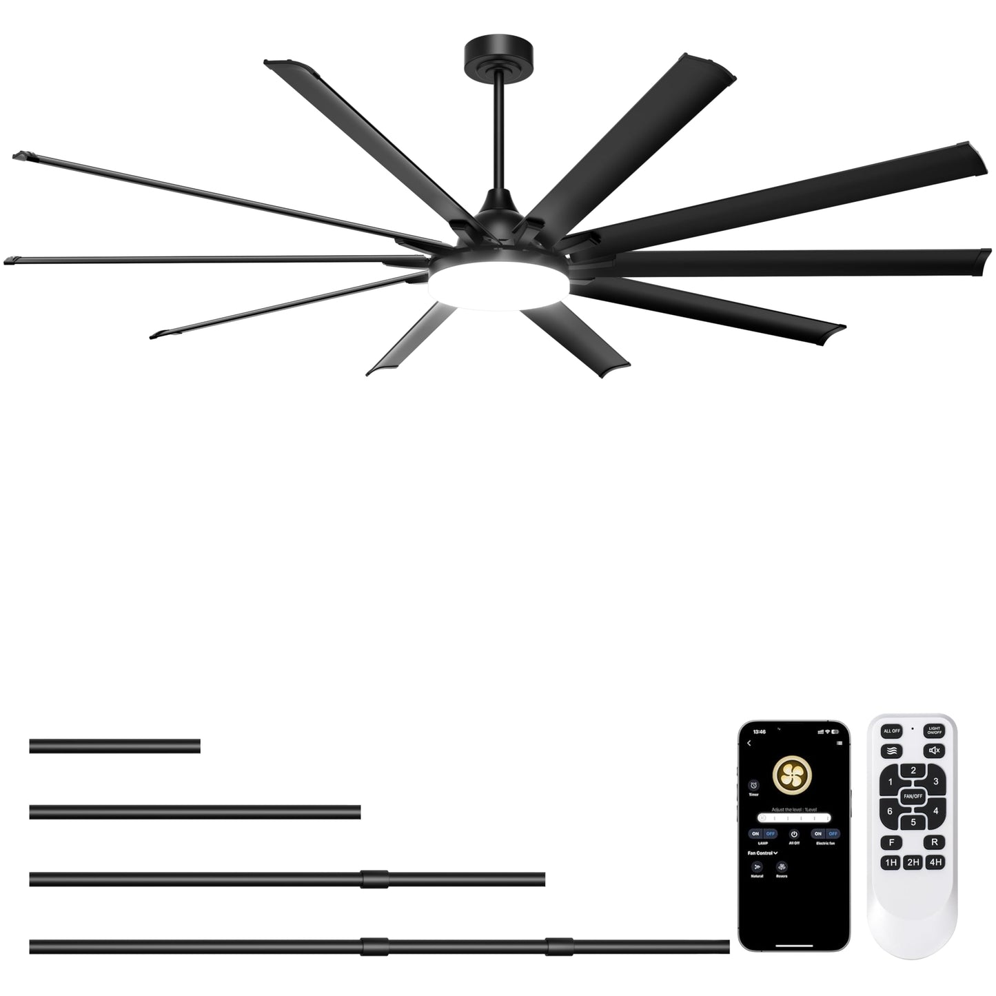Ohniyou 96 Shop Ceiling Fan With Bright Lights - Remote/App Control, High Cfm, Extra Large Industrial Ceiling Fan For Covered