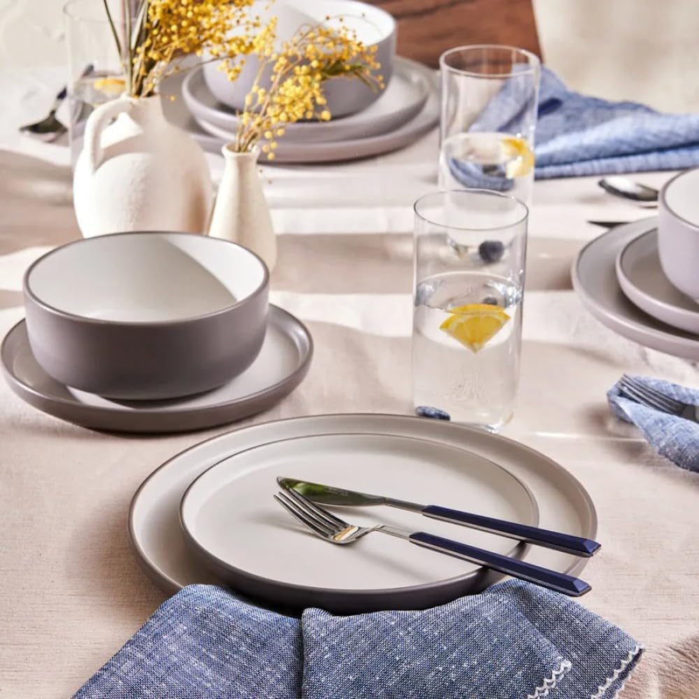 Karaca Riley 18-Piece Stoneware Plates and Bowls Set - Kitchen Dinnerware Sets for 6 - Grey Elegant Design Dish Set for Family Meals and Entertaining & Dishwasher Safe