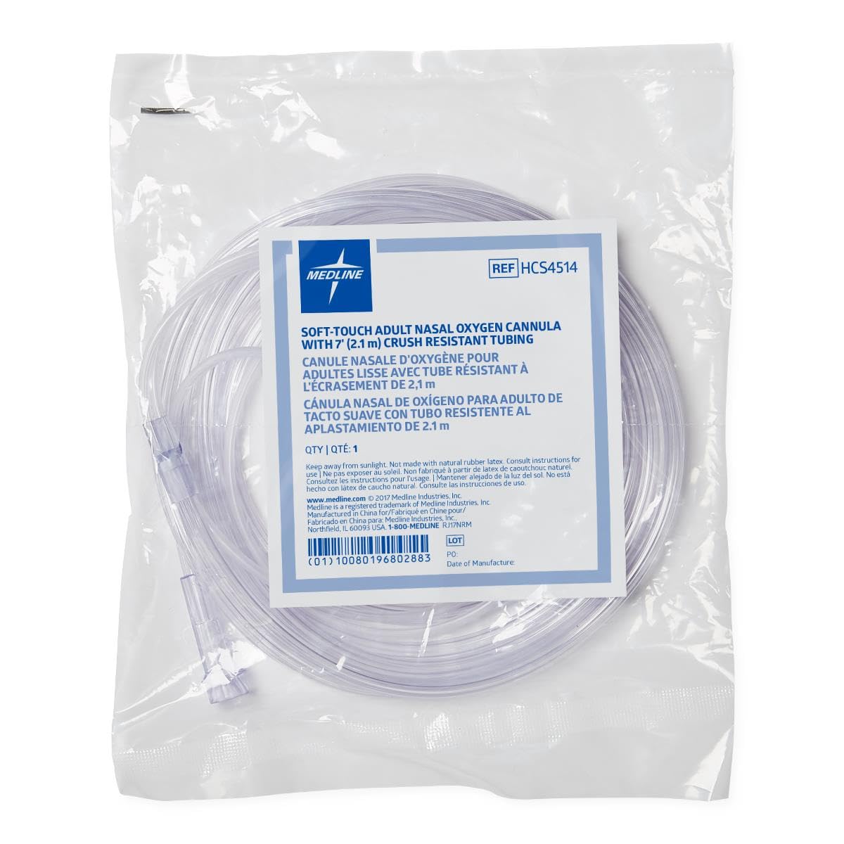 Medline Soft-Touch Nasal Oxygen Cannula, Standard Connector, 7-ft. Tubing Length, Adult Size, Pack of 50