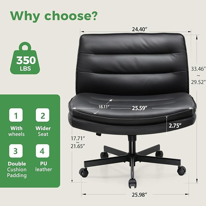 GTRACING Criss Cross Legged Office Chair with Wheels, Extra Wide Armless Comfy Desk Chair for Home Bedroom, 2 Layer Cushion Large Seat & Back Support X-Legged Chair, Black PU Leather Adjustable Height