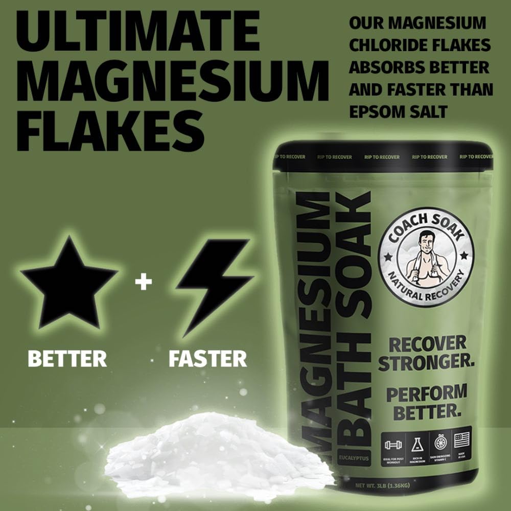 Coach Soak: Recovery Bath Soak – Rejuvenating Post Workout Natural Magnesium Flakes - 21 Minerals, Essential Oils & Dead Sea Bath Salts - Absorbs Faster Than Epsom Salts, 3lbs (Eucalyptus Tea Tree)
