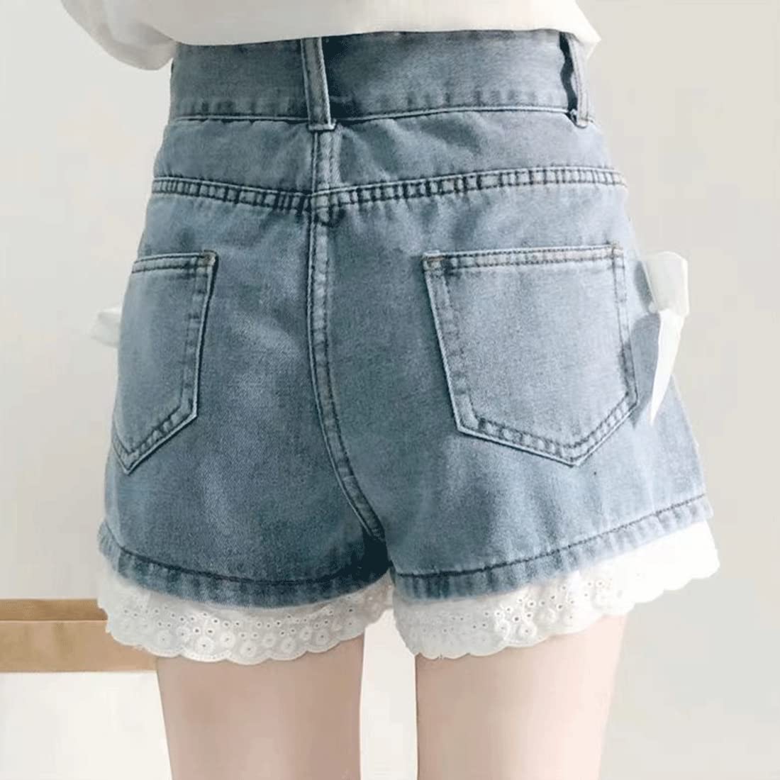 RILGOU Harajuku Y2K Style Pastel Kawaii Gothic High Waisted Straight Wide Leg Vintage Lace Knot-Bow Trim Denim Shorts S