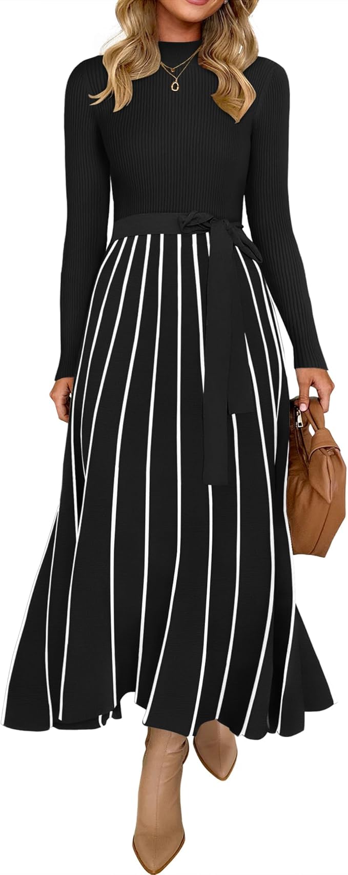 ZESICA Womens 2026 Spring Turtleneck Long Sleeve Sweater Dress Tie Waist Casual Loose Ribbed Knit A Line Midi Dresses