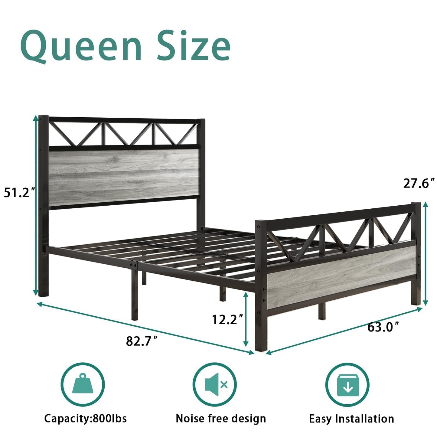 CHABUILDREARK Queen Bed Frame with Headboard, Industrial 51.2" Tall Headboard, Queen Platform Bed Frame with Heavy Duty Metal Slats Support, No Box Spring Needed, Noise-Free, Easy Assembly, Wash Grey