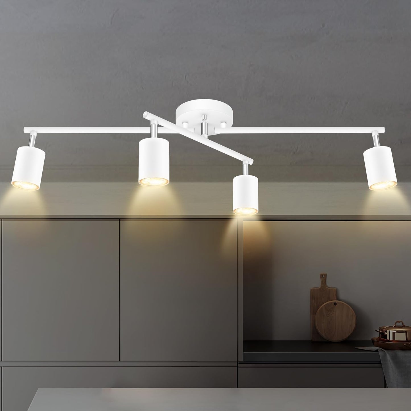 4 Light Track Lighting Kit Kitchen, White Track Lighting Fixtures Ceiling, 4 Way Modern Flexible Spot Track Lighting, Industrial LED Lights for Room Hallway Bedroom(GU10 Socket, Bulb Not Included)