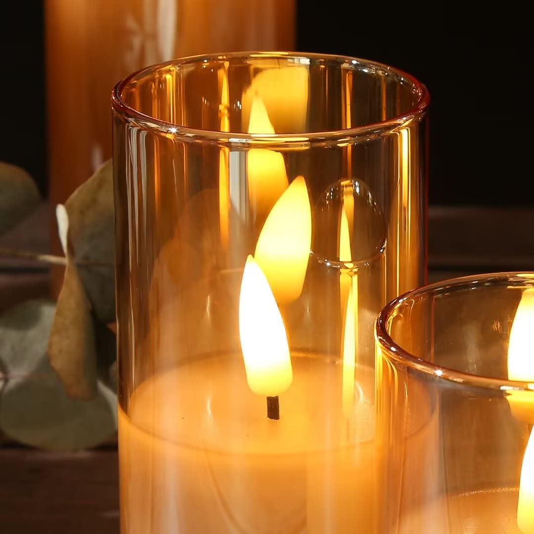 Eywamage 5 Pack Gold Glass Flameless Candles with Remote, Flickering Slim Tall LED Pillar Votive Candles Battery Included