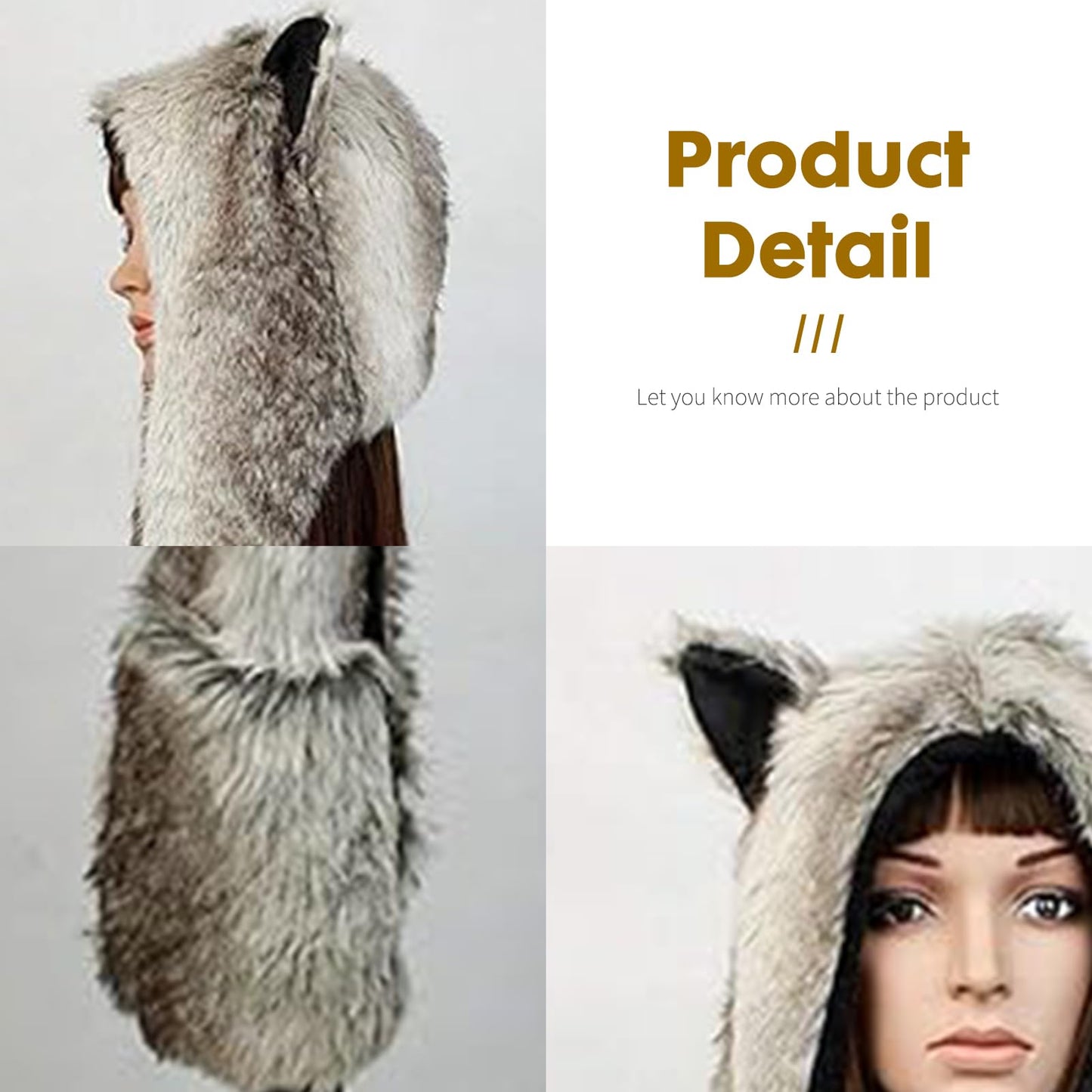 PowerKing Plush Novelty Animal Hat, 3-in-1 Faux Fur Hood Winter Warmer Cap and Stylish Full Animal Hat (Grey Wolf)