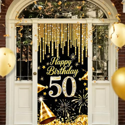 HOMETITUTE 50th Birthday Door Cover 71x35 Inch Black and Gold Birthday Banner for Party Decorations Diamond Number Backdro...