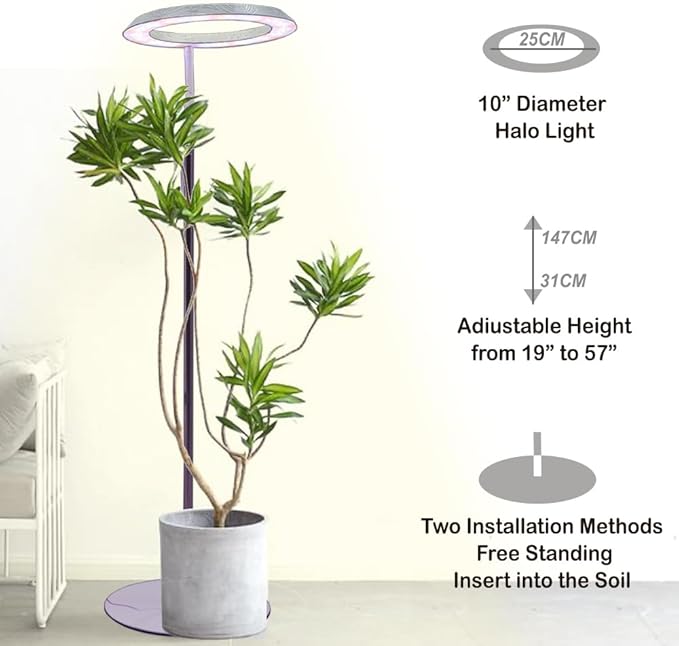 Qux 10” Halo Pro Grow Light,Full Spectrum LED Freestanting Plant Grow Lamp for Indoor Larger Plants with 3 Kind of Light Colors switchover & 10-Level Dimmable,Auto On Off Timing 4/8/12Hrs (Relief)