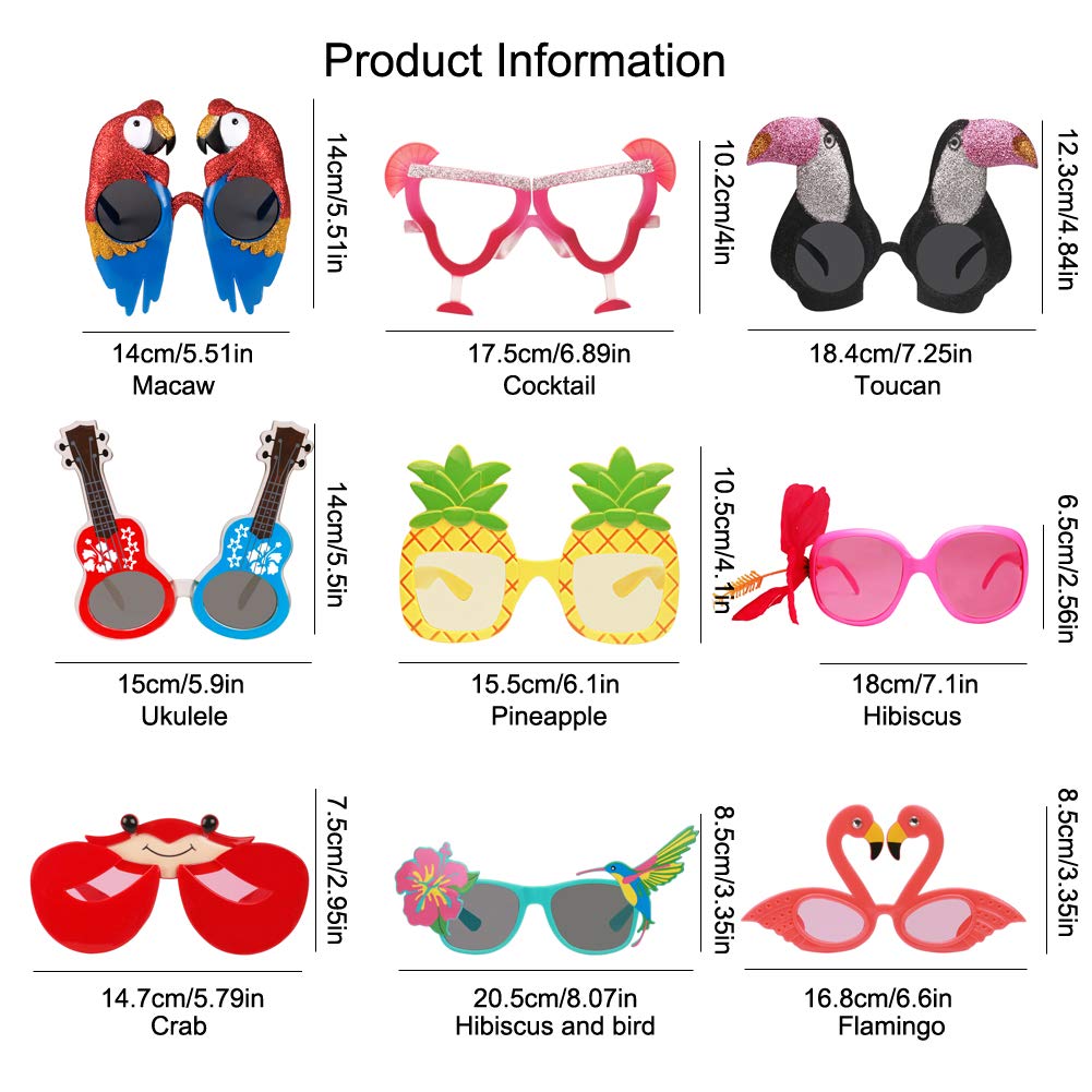 Ocean Line Luau Party Sunglasses - 9 Pairs Funny Hawaiian Glasses, Tropical Fancy Dress Props, Fun Summer Kids Party Favors, Beach Themed Party Supplies Decoration