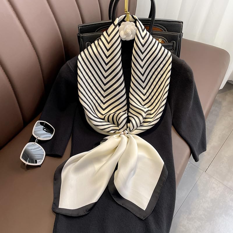 FairyCity Luxury Silk Square Scarf, Black and White Striped Pattern, Classic Geometric Design 35 inches