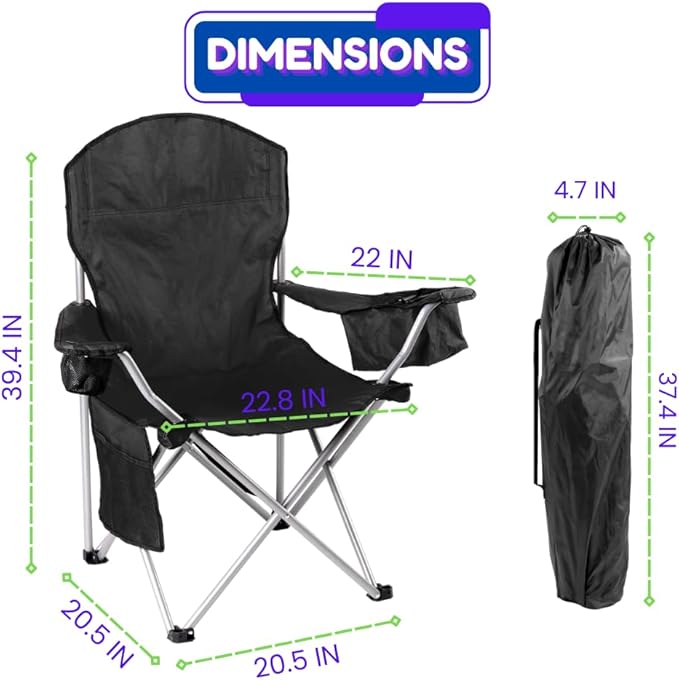 EZONE 2-Pack Camping Chairs with Built-in Ice Cooler, Portable Chair, Storage Pocket, Cup Holder, and Carry Bag Perfect for Camping, Tailgating, Fishing, Beach, and Lawn (2, Black)