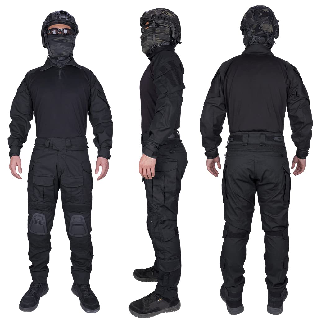 IDOGEAR Men G3 Assault Combat Uniform Set with Knee Pads and Elbow Pads Multi-camo Camouflage BDU Clothing Tactical Airsoft Hunting Paintball Gear (Black, Small)
