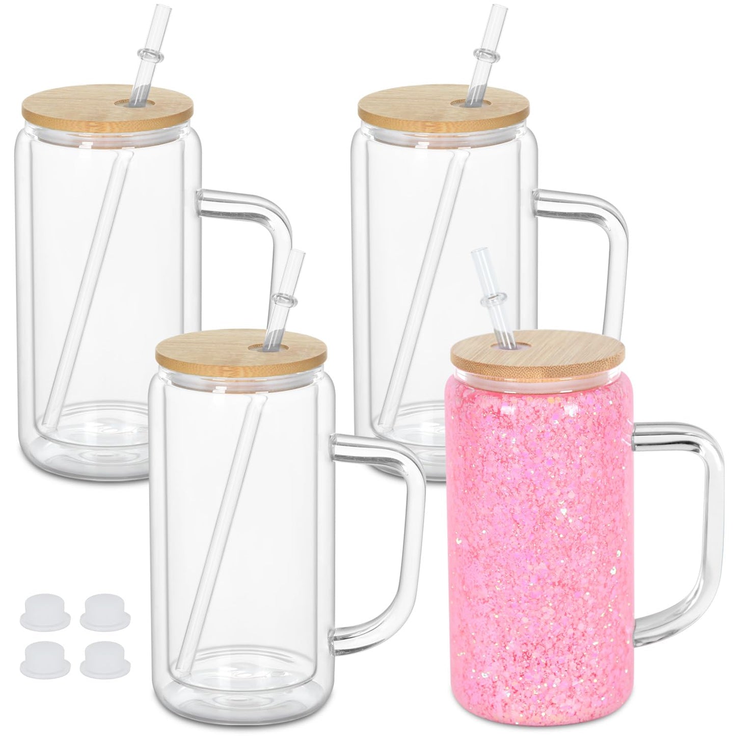 Maucircol 16 Oz Snow Globe Tumbler With Handle, Pre-Drilled Double Wall Snow Globe Glass Cup For Glitter, 4 Pack