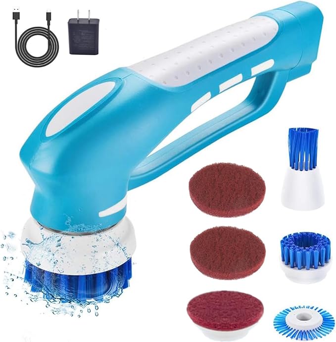 Cordless Power Scrubber for Cleaning Bathroom & Kitchen - Electric Handheld Scrub Brush with 6 Replaceable Heads, 360° Portable Washing Machine for Shower, Floor, Car, Sink, Wall, Window and Stove Top