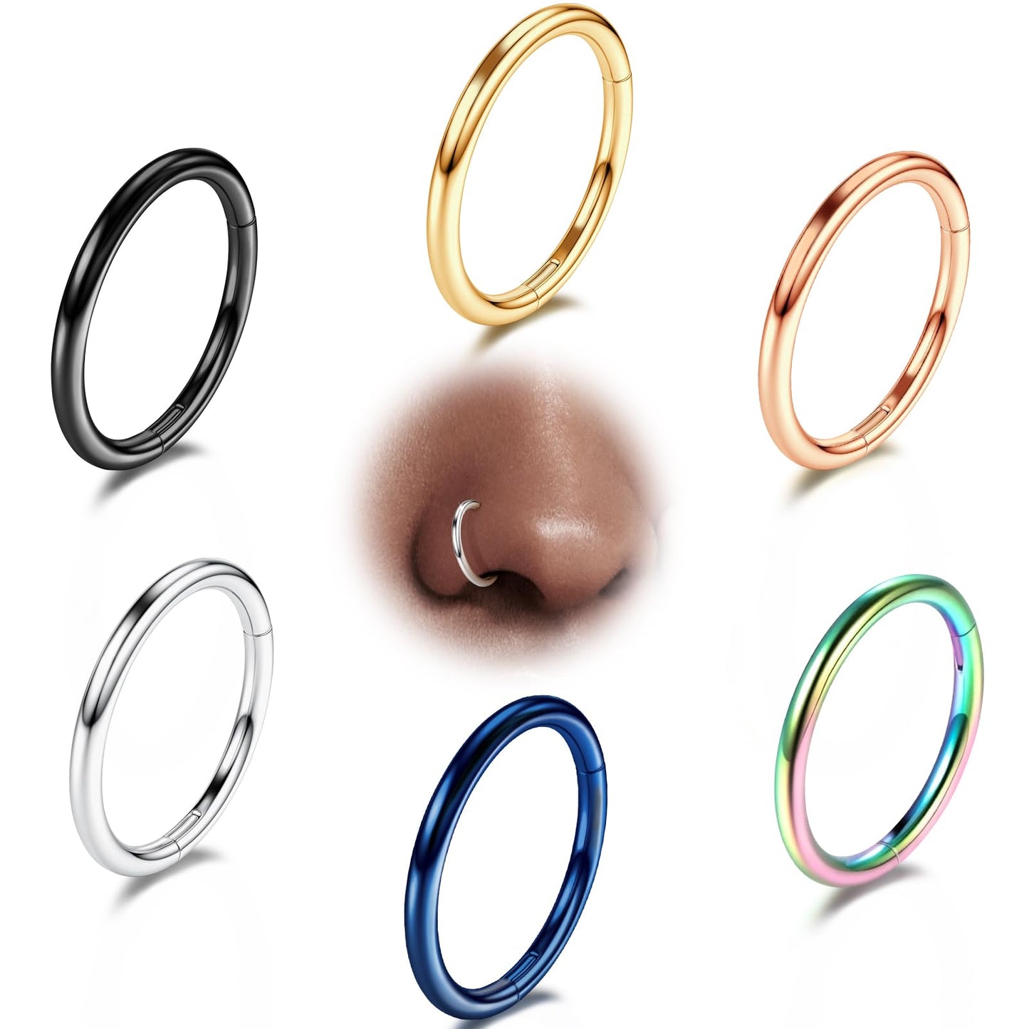 WBRWP 316L Stainless-Steel Piercing-Ring Hinged Nose-Rings-Hoop: 18G 8MM Womens Body Pierecing Ring Segment Clicker Lip Rings Ca