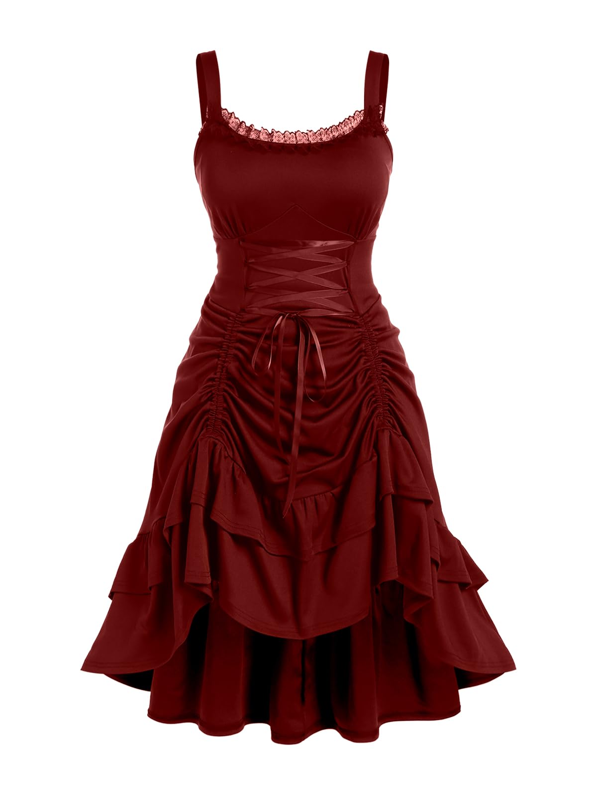Rosegal Women Plus Size Victoria Gothic Renaissance Costume Lace Trim Lace-up Ruffled Cinched Ruched High Low Steampunk Dress(Red_1/S)