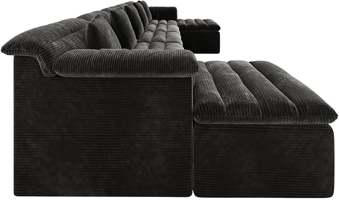 SUNG7 172" Modular Sofa with Ottoman, Boneless Cloud Couch with Deep Seat, Comfy U-Shape Corduroy Couches for Living Room, No Assembly Required, Black