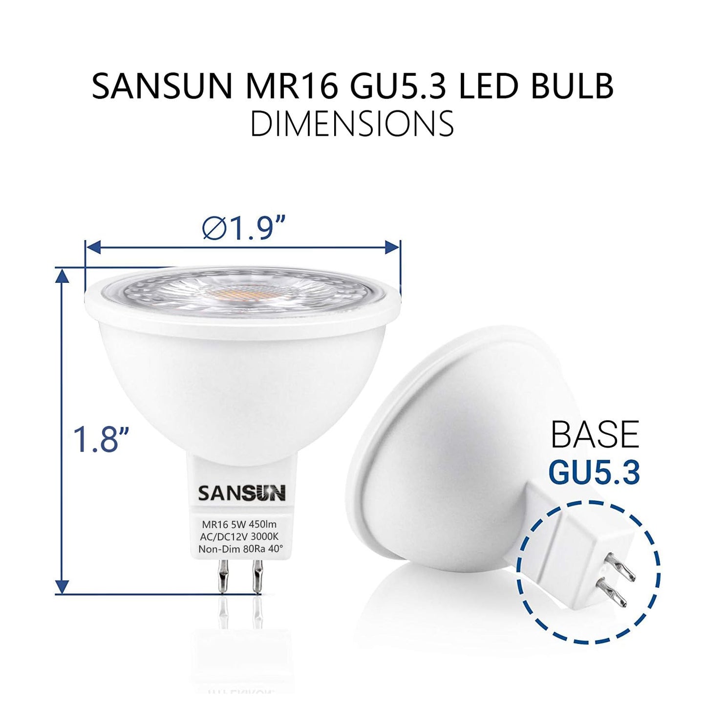 SANSUN 5W MR16 LED Landscape Light Bulbs, Low Voltage 12V Outdoor Landscape Spotlight and Indoor Track Light, GU5.3 Bi-Pin Base, Soft White 3000K, Non-Dimmable, (Pack of 4)